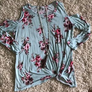 Long sleeve cold shoulder blue floral top